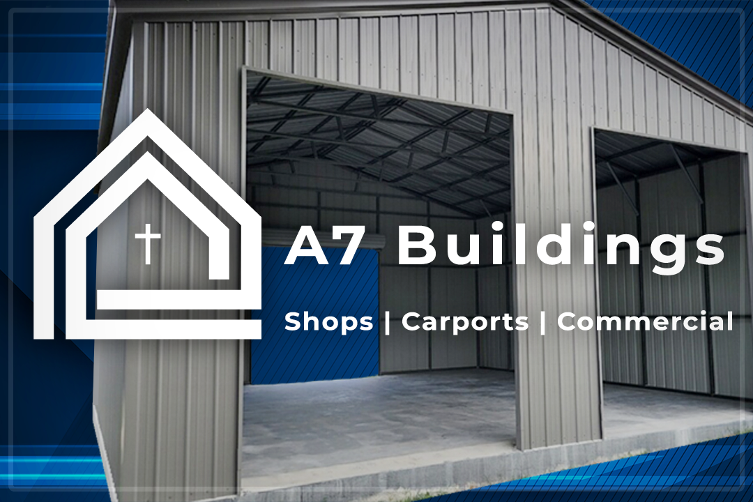 A7 Buildings logo overlaid on a pre fab metal building.